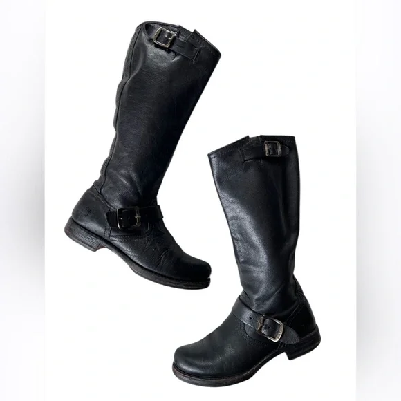 Frye Tall Black Veronica Slouch Black Leather Riding Boots Buckles Size Sz 6.5 - Picture 3 of 16